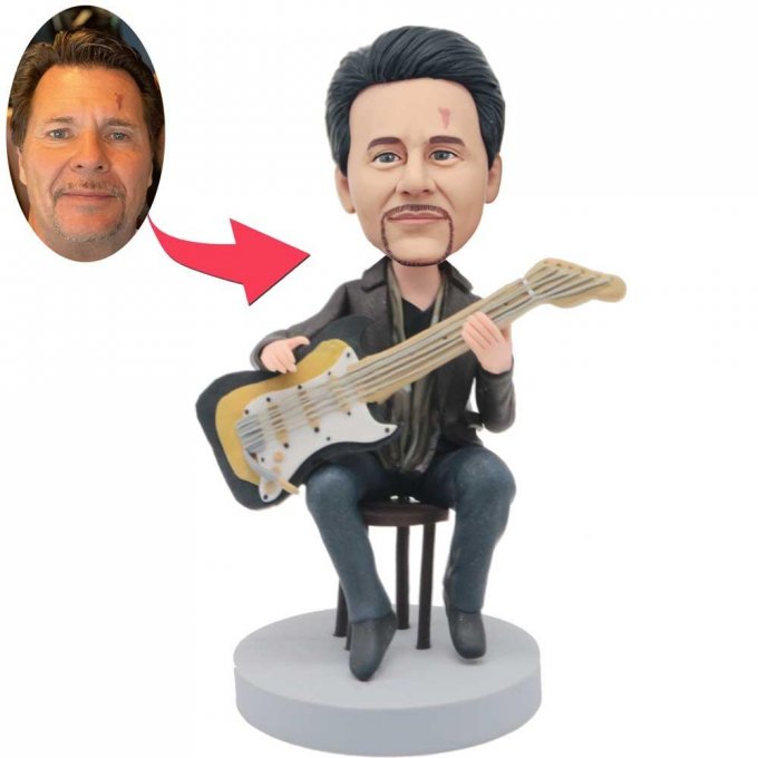 Custom Guitarist Bobbleheads Playing Guitar Sitting On Stool