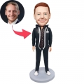 Custom Handsome Male Bobbleheads In Black Hooded Jacket