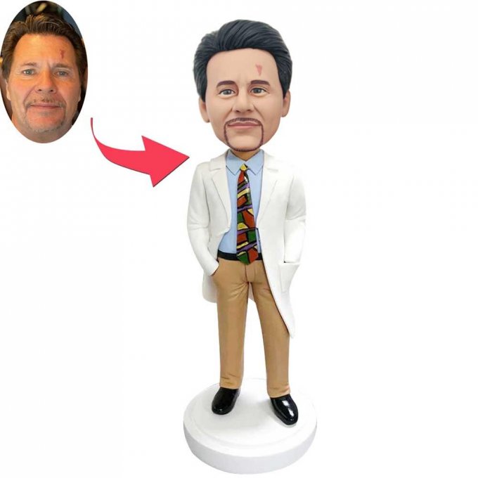 Custom Handsome Male Doctor Bobbleheads In White Coat And Hands In Pockets