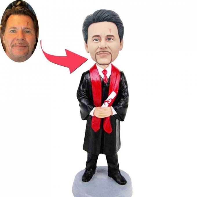 Custom Handsome Male Graduation Bobbleheads In Black Gown With Red Ribbons