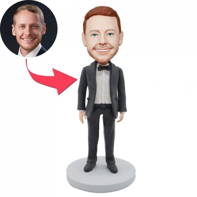 Custom Handsome Male Groomsmen Wedding Bobbleheads In Black Suit