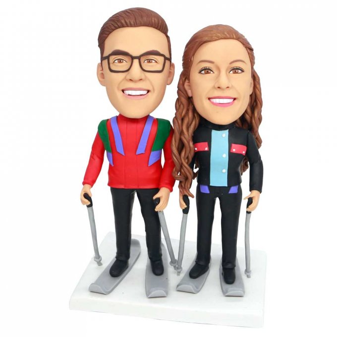 Custom Happy Couple Skiers Bobbleheads In Professional Ski Suit