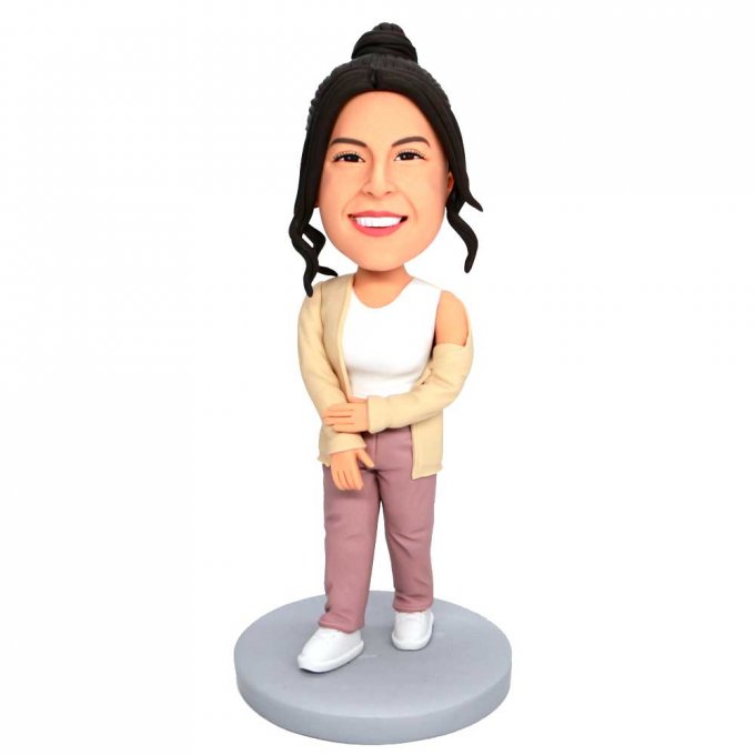 Custom Happy Female Bobbleheads In White Vest And Coat