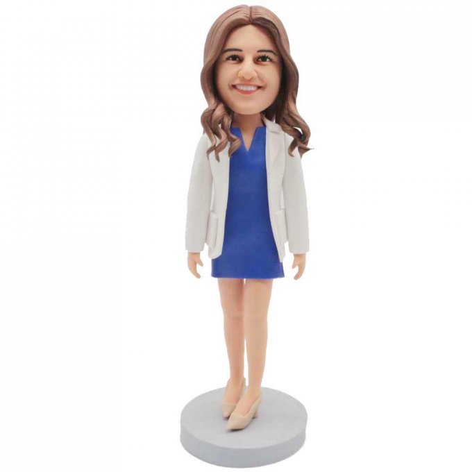 Custom Happy Female Doctor Bobbleheads In White Coat And Blue Dress