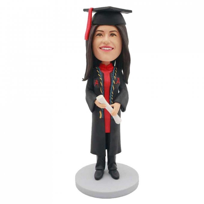 Custom Happy Female Graduation Bobbleheads In Black Gown