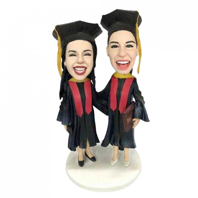 Custom Happy Female Graduation Bobbleheads In Black Gowns And Red Ribbons