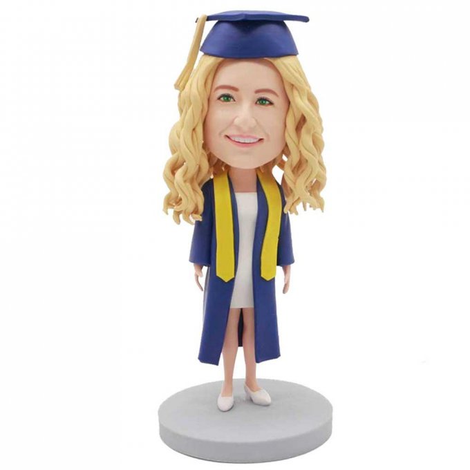 Custom Happy Female Graduation Bobbleheads In Dark Blue Gown