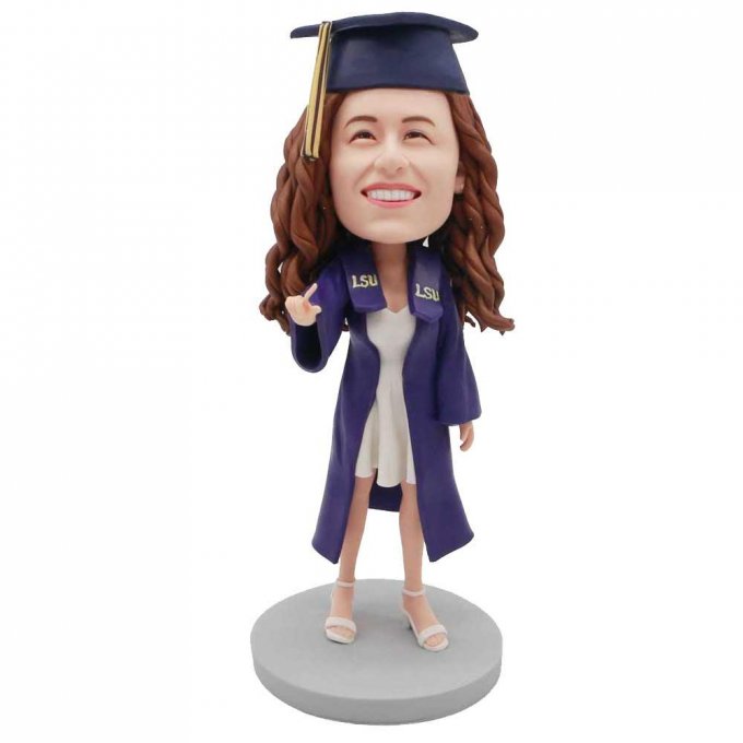 Custom Happy Female Graduation Bobbleheads In Purple Gown