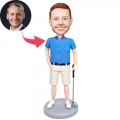 Custom Happy Male Golfer Bobbleheads In Blue Striped T-Shirt