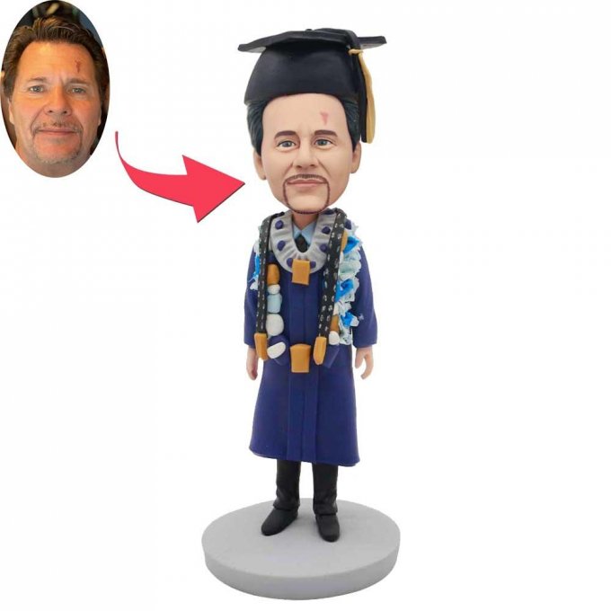 Custom Happy Male Graduation Bobbleheads In Dark Blue Gown And Garland