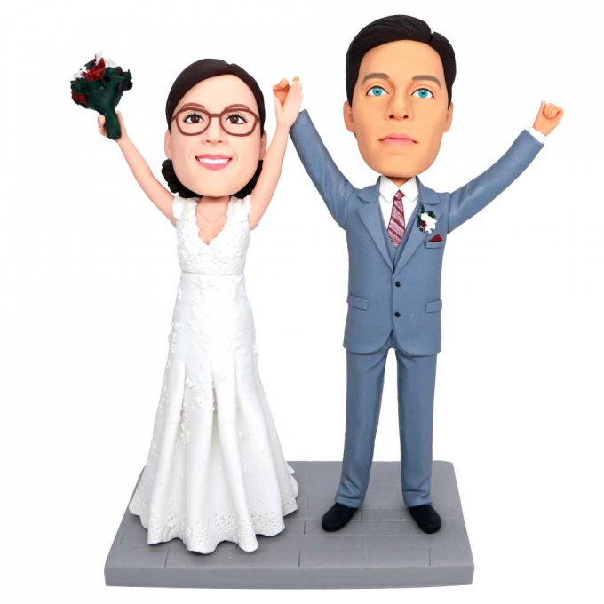 Custom Happy Wedding Bobbleheads Bride And Groom Raise Their Hands