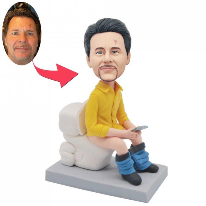 Custom Humorous Male Bobbleheads In Yellow Shirt On The Toilet