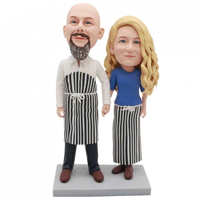 Custom Kitchen Couple Bobbleheads In Stripe Apron