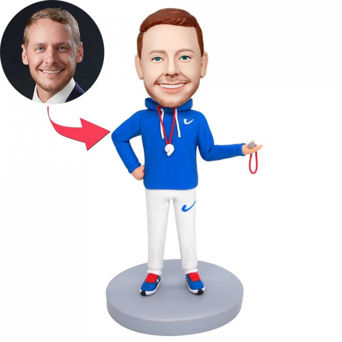 Custom Male Basketball Coach Bobbleheads In Blue Sweatshirt