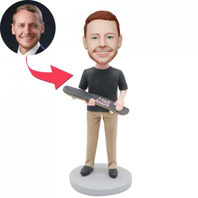 Custom Male Bobbleheads In Black T-shirt With A Skateboard