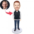 Custom Male Bobbleheads In Black Waistcoat And Blue Jeans