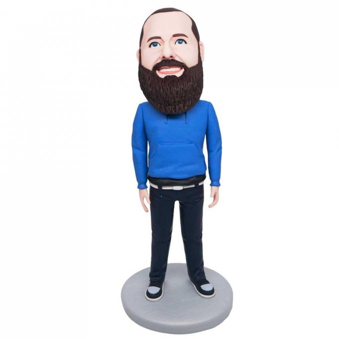 Custom Male Bobbleheads In Blue Hoodie