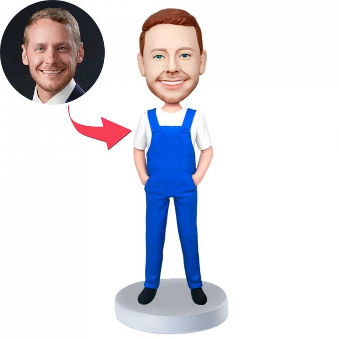 Custom Male Bobbleheads In Blue Overalls