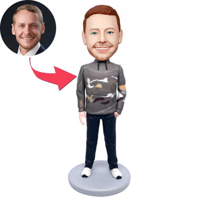 Custom Male Bobbleheads In Camouflage Hoodie