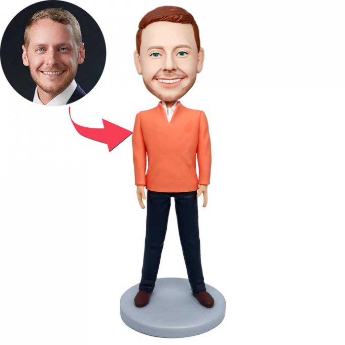 Custom Male Bobbleheads In Orange Sweatshirt