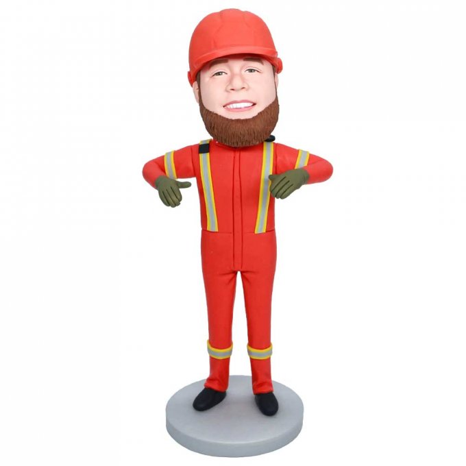 Custom Male Construction Worker Bobbleheads In Orange Overall