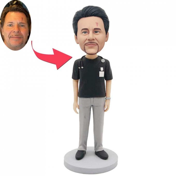 Custom Male Doctor Bobbleheads In Black T-shirt