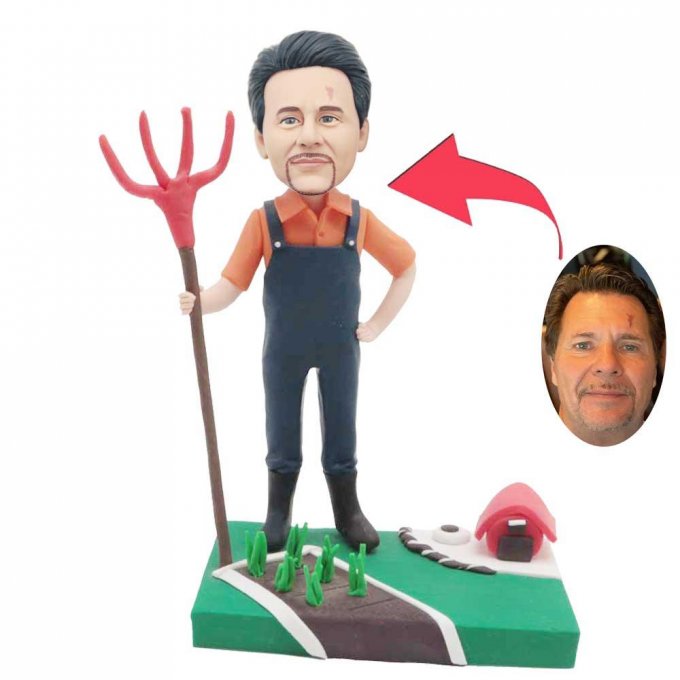 Custom Male Farmer Bobbleheads Holding Manure Fork