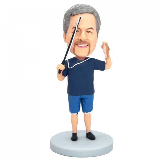 Custom Male Fisherman Bobbleheads In Dark Blue T-shirt Holding A Fishing Rod