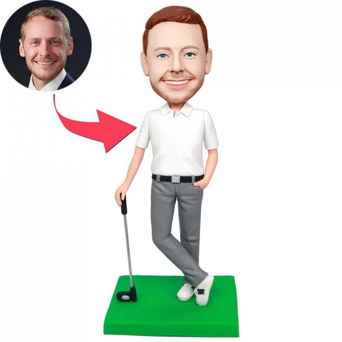 Custom Male Golfer Bobbleheads In White T-shirt