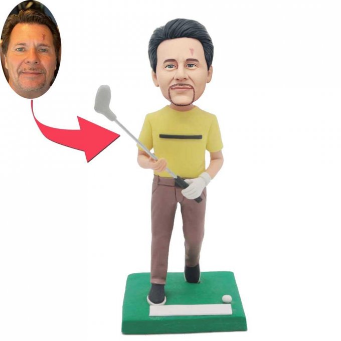 Custom Male Golfer Bobbleheads In Yellow T-shirt Holding Golf Club