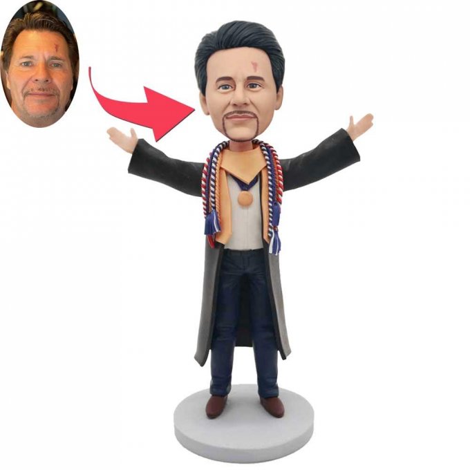 Custom Male Graduation Bobbleheads In Black Gown And Open Arms