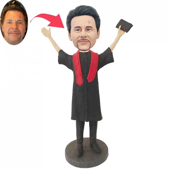 Custom Male Graduation Bobbleheads In Black Gown And Red Ribbon