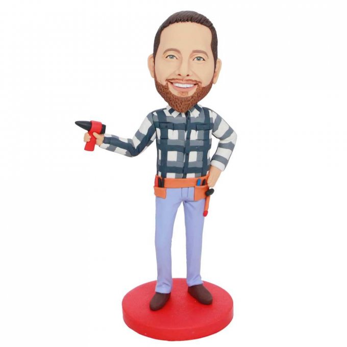 Custom Male Handyman Bobbleheads In Plaid Shirt With Tools