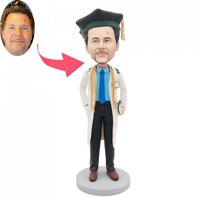 Custom Male Medical Doctor Graduation Bobblehead In White Coat