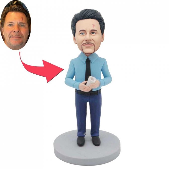 Custom Male Office Clerk Bobbleheads In Sky Blue Shirt