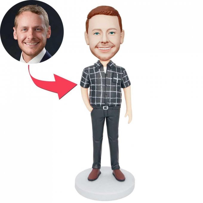 Custom Male Office Staff Bobbleheads In Black Plaid Shirt