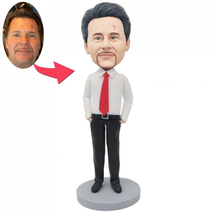 Custom Male Office Staff Bobbleheads In White Shirt And Hands In Pockets