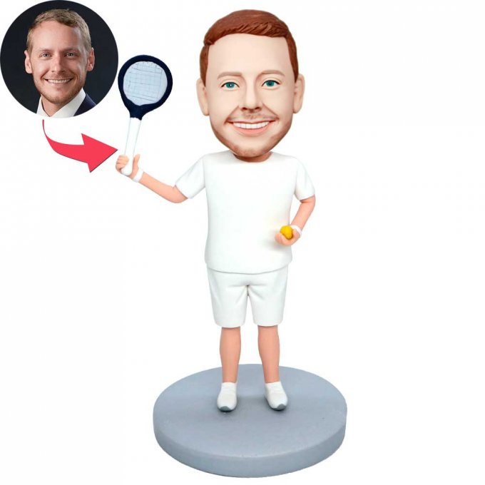 Custom Male Tennis Player Bobbleheads In White T-shirt