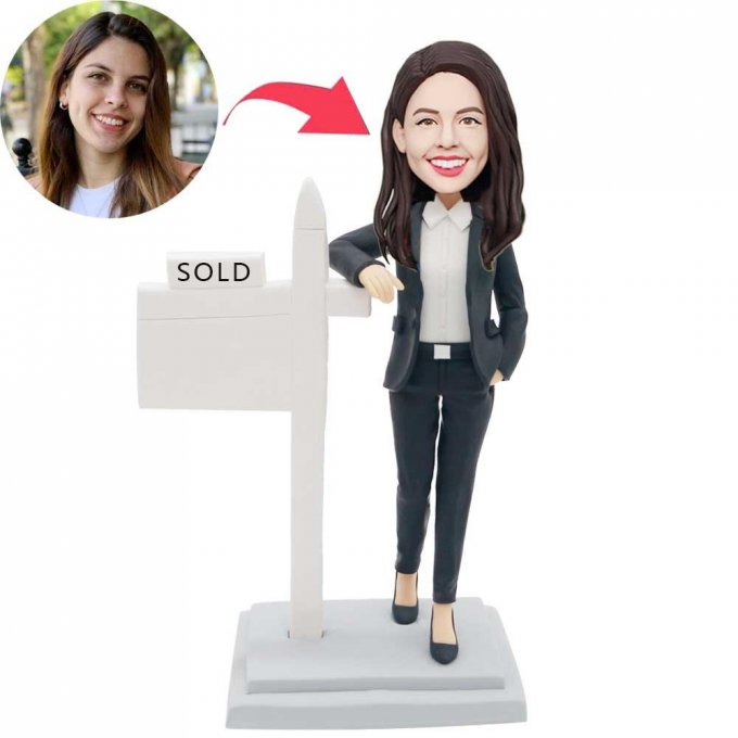 Custom Professional Female Real Estate Realtor Bobbleheads In Black Suit