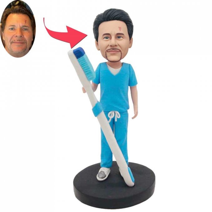 Custom Professional Male Dentist Bobbleheads In Blue Uniform Holding Toothbrush