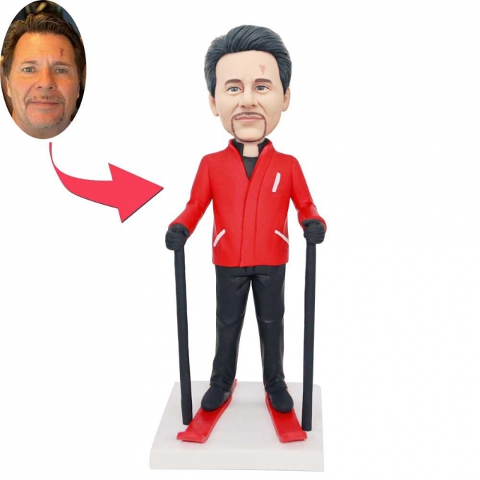 Custom Professional Male Skier Bobbleheads In Red Ski Suit