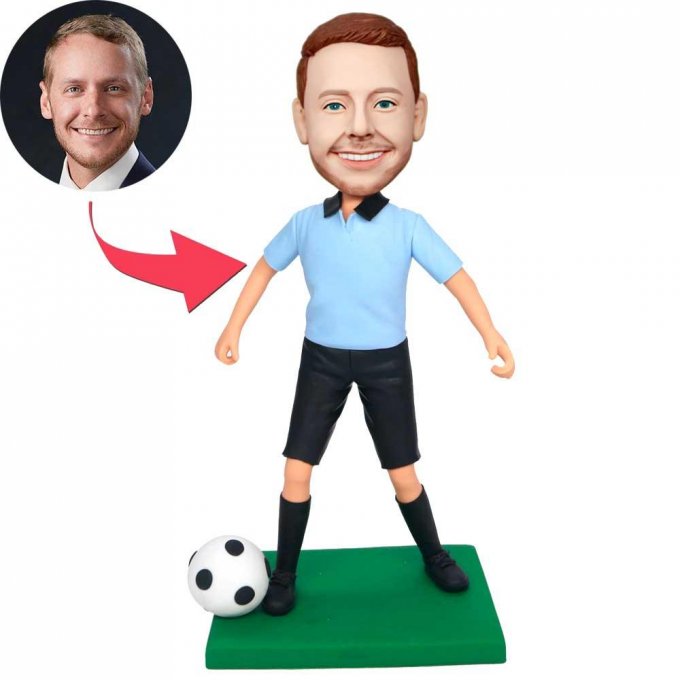 Custom Professional Male Soccer Player Bobbleheads In Blue T-shirt