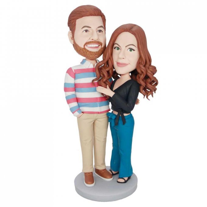 Custom Sweet Couple Bobbleheads Hug Together