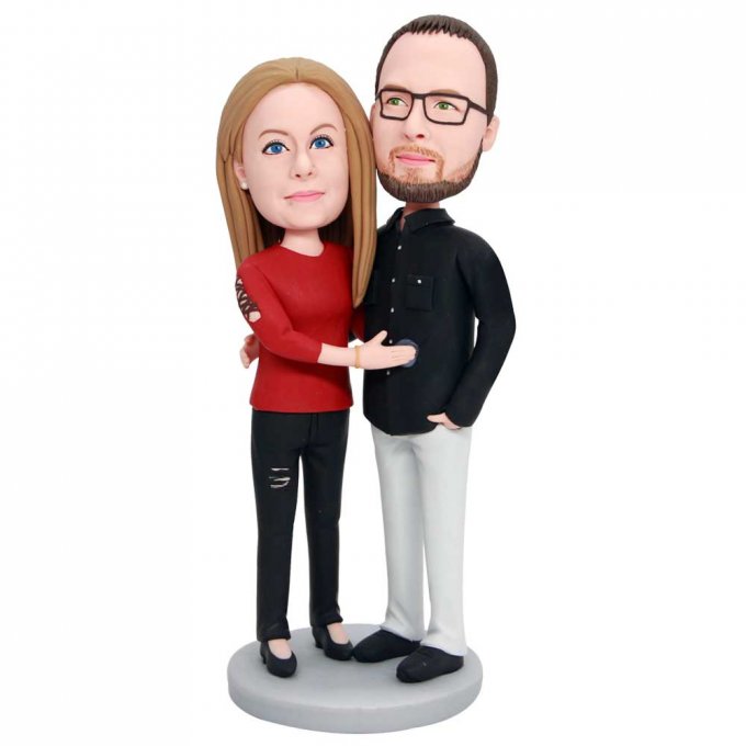 Custom Sweet Couple Bobbleheads In Casual Clothes Close Together