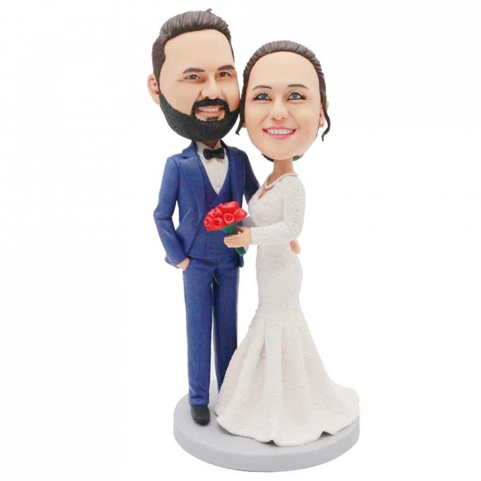 Custom Sweet Wedding Bobbleheads In White Fishtail Wedding Dress And Navy Blue Suit