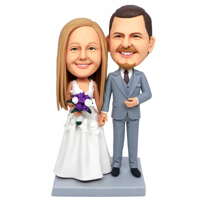 Custom Wedding Bobbleheads Bride Holding Purple Flowers Cake Topper