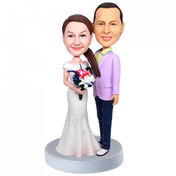 Custom Wedding Bobbleheads In Wedding Dress And Purple Suit Cake Topper