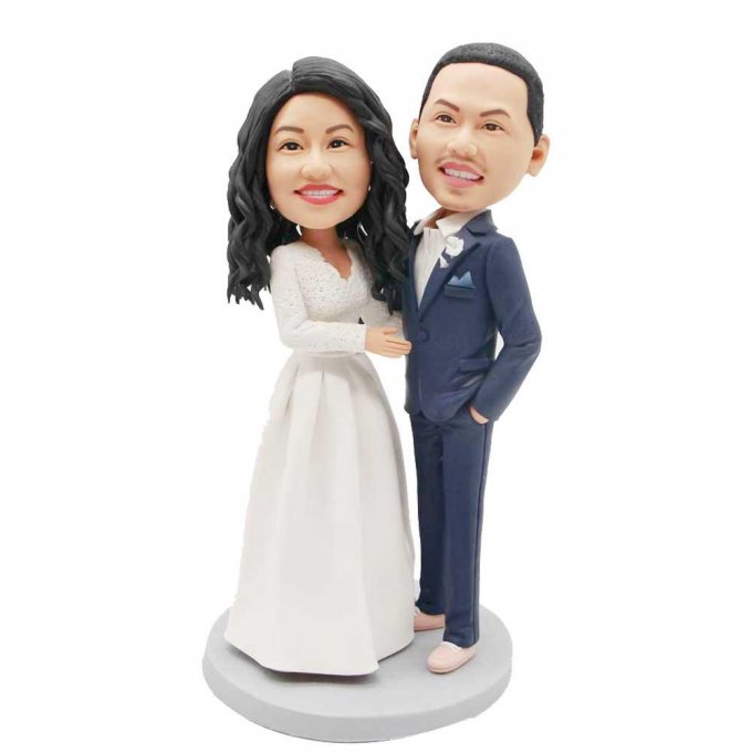 Custom Wedding Bobbleheads In White Wedding Dress And Dark Blue Suit