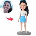 Fashion Girl Wearing Blue Skirt Custom Bobblehead With Engraved Text