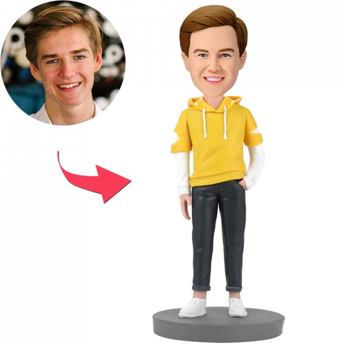 Fashion Man Wearing Yellow Hoodie Custom Bobblehead With Engraved Text